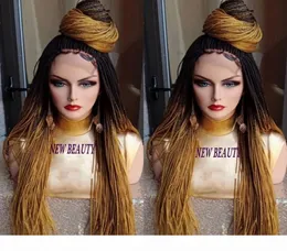 2019 neue Art Ombre Hellbraune mikrogeflochtene Perücken mit Babyhaar Lange Zöpfe Perücken Leimlose synthetische Lace-Front-Perücke für Schwarz Wo9932070