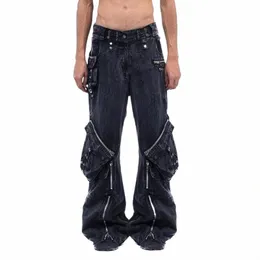 HKSH Herrens nischdesign Ny retro Moss Grön Löst Pocket Denim Pants Tide Dark Safari Style Fi Heavy Industry Jeans HK0128 P5IH#