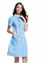 Damen Frt Butt Ong Beauty Sal Krankenpflegeuniform Apotheke Klinik Kurzarm Fiable Arbeitskleidung LG Kleid p6nf #