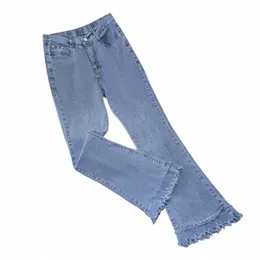 Plus -storlek blossade Y2K -jeans för kvinnor Stor Slim Elastic Cott Blue Tassel Denim Trousers Big 3XL 4XL 5XL 6XL 7XL Kläder Q6UE#