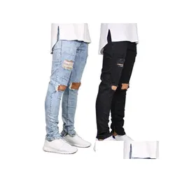 Jeans masculinos mens 2 cores casual joelho buraco zíper design elástico cintura lápis fino ajuste elegante estilo vento urbano legal gota entregar dh6cii