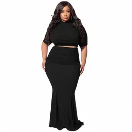 Wsfec Plus Size Roupas Femininas Conjuntos de Duas Peças 2023 Primavera Verão Outfits Bodyc Manga Curta Plissada Sexy Saia Ternos Atacado l1U3 #