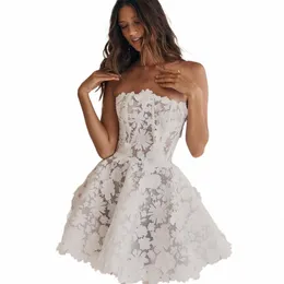 SOL 3D Floral Lace Aptiques Strapl Wedding Dres膝の上のエレガントバックリミニ