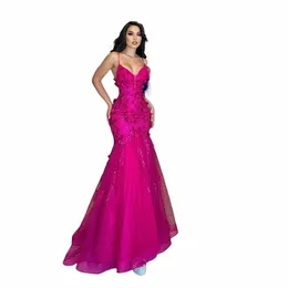 Oeing fuchsia prom dres الأنيقة السباغيتي حزام tulle tiered v-neck المساء Dr خاص Ocn Gown Vestidos de gala 00zw#