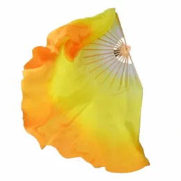 profial 100% Real Silk Fan Veil 1Pair1L+1R Chinese Folk Art Silk Fan Belly Dance Props Fans Gradient White/Yellow/Orange f12G#