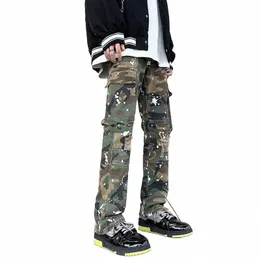 Calças Camoe de Design militar Homens Danificados Pintados à Mão Bolsos Laterais Calças Masculinas Baggy Jeans Y2K 30Rf #