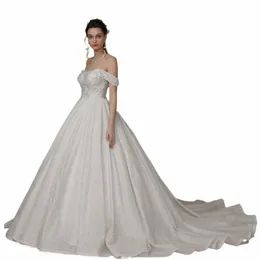 Bepeithy Luxury Strapl En linje Glitter Wedding Dres från axeln Kvinnor Elfenben bling-bling ärm brud brudklänning j1cu#