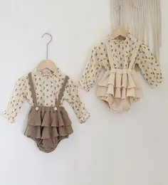 Set di abbigliamento Vestiti vintage per bambina Primavera Autunno Cotone di lino Ragazze Abito floreale con pagliaccetto Blouss Abiti nati3374795