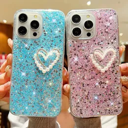 Luxury 3D Heart Love Beads Cases For Iphone 15 Pro Max 14 Plus 13 12 11 XR XS X 8 7 6 Confetti Foil Sequin Bling Diamond Glitter Soft TPU Phone Back Skin Girls Women Cover