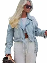 HH TRAF Denimjacka för kvinnor FI Croped LG Sleeve Coats with Belt Female Chic Casual Loos Streetwear Denim Jackets N7G7#