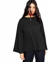 Plus-storlek LG Flare Sleeve T-shirt Kvinnor Solid Black Round Neck Spring Autumn Knitting Elegant Casual Top Tee Blouse 5XL 6XL 7X S3TQ#