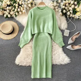 Women Sweater Midi Dress Set Casual Pullovers Suits Autumn Winter Oneck långärmad stickad solid Slim Elegance Tops Elastic 240323