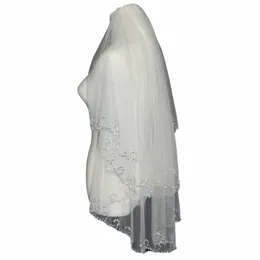 Véu de casamento branco com borda crescente de 2 camadas feito à mão com contas de noiva com pente Voile Mariage Novia v4v9 #