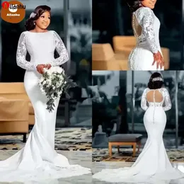 Laço branco Plus Size Árabe Aso Ebi Frisado Sereia Vestidos de Casamento Mangas Compridas Botões Cobertos Voltar Vestidos de Festa de Noiva Africano Wvdf