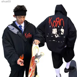 Herren-Kapuzenpullover, Sweatshirts, tolle Retro-Rockband Korn, bedruckter Kapuzenpullover mit Reißverschluss für Herren, lässige Baumwolle, übergroße Jacke, Unisex, modischer Retro-Kapuzenpullover mit Reißverschluss, L2403