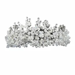 Sier Luksusowy Rhineste Bridal Crown Trendy Pearl Crystal Diamds Wedding Headband Hair Acries Gold Ręcznie robiony nakrycie głowy E5ut#