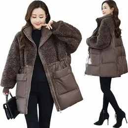 new Winter Jacket for Women Lamb's Wool Patchwork Coats Lg Sleeves Tops Warmth Cott Jacket Oversize Korean Fi l75I#