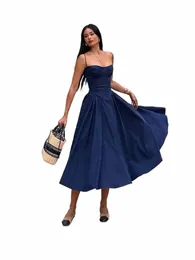Suninheart الأنيقة السباغيتي حزام Midi Dr Slim A Line Party Dres Navy Blue Casual Holiday Dr Women Women Pre Sale! V06Z#