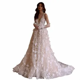 Loverxu A-Line Glamorous Hochzeit Kleid 2024 V-ausschnitt Sleevel Vestido De Novia Applikationen 3D Frs Charming Robe De Mariee 093k #
