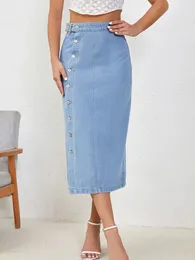 Ins Summer Women Women High Taist Długość Kostka Dżinsy Lady Sexy Nightclub Strippel Long Denim Dress Female Wrap Blue 240326