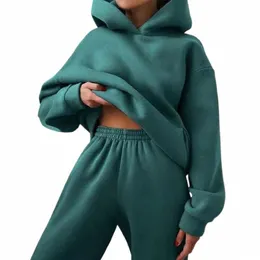 Mulheres Treino Hoodies Casual Sólido Lg Manga Fleece Quente Com Capuz Sportswear Terno Com Capuz Pulôveres Lg Pant Duas Peças Conjuntos 47eC #