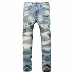 Брюки Мужские джинсы Jean Homme Pantales Hombre Тонкие джинсовые брюки Байкерские высококачественные мужские прямые повседневные дизайнерские рваные U1WL #