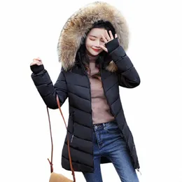 女性のパーカージャケット人工大毛皮の襟女性ジャケットスリムコットパッドLGジャケットAbrigos Mujer Invierno Parka K8RB＃