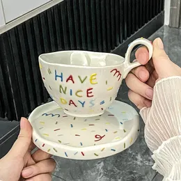 Cups Saucers 300ml Creative Ceramic Coffee Cup Dish Set Happy Birthday Mug Have Nice Days Drinking Water Couple Breakfast Milk
