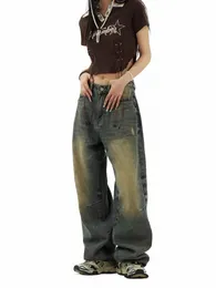 WCFCX STUDIO Y2K Rozrywane workowate dżinsy kobiety Vintage 90s Oversize szerokie nogi dżinsowe spodnie gyaru harajuku dżinsy n5ka##
