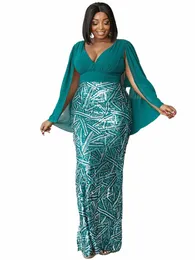 missord Elegant Green Sequin Plus Size Party Dres Women V Neck Mesh Cloak Sleeve Bodyc Evening Prom Dr Ladies Lg Gown R4rS#