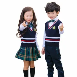 British Children School Uniforms 소년 여학생 스웨터 스웨터 탑 조끼 주름 치마 v 칼라 초등 학생 유치원 유니폼 세트 111g#