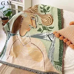 160x130 cm casual filtar Vintage garn färgade oljemålning kvinnor kastar filt vägg tapestry jacquard vävd soffa täckning picknick matta 240326