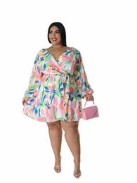 Женская Dr Lg с глубоким V-образным вырезом и цветочным принтом, сексуальные платья больших размеров, элегантные весенне-осенние вечерние платья Chiff Mini Dr I1Qg #
