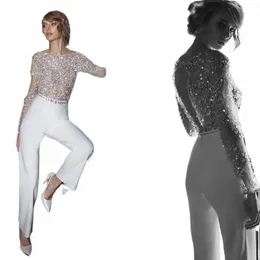 modest Jumpsuit Beach Wedding Dres Lg Sleeve Shinny Sequins For Women Brides Custom Made O -Neck Sexy Lady Bridal Elegnat Y9PE#