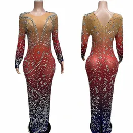 Shiny Gradient Rhinestes Dr LG Sleeves Prom Dr Evening Dres Women Födelsedag Firar Costumes Rave Outfit XS5693 57nd#