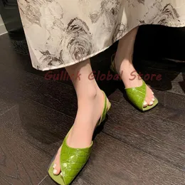 Dress Shoes Elegant Women Summer Green Silver Square Toe Genuine Leather Sandals Mixed Colors Side Buckle Career Soft Cosy