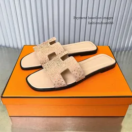 Summer sandals womens shoes apricot colored rhinestone leather patchwork slipper luxurious designer flat bottomed comfortable beach shoes casual sandal 35-42 +box