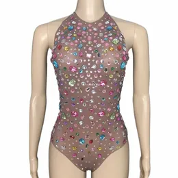 Colorido rhinestes bodysuit sexy malha leopardos boate festa pólo gogo dançarino traje feminino cantor festival outfit xs6056 t52m #