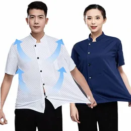 summer Cool Unisex Chef Jacket 360°Breathable Short Sleeve Cook Shirts Men and Women Restaurant Hotel Uniform Catering Work Coat x0d3#