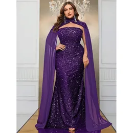 Plus Size Luxurious Strapless Cape Wedding Shiny Long Evening Gown 5XL6XL Big Size Banquet Festive Sequin Prom Dress for Women 240318