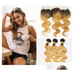 Ludzkie włosy wątki z zamknięciem Stberry Blonde Ombre Peruvian Weaves Frontal Body Fala 1b 27 Honey 3 Bundle Lace Drop Products Otta6