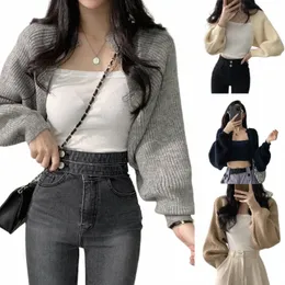 Outono feminino aberto Frt encolhe ombros manga LG Boleros sólidos leves de malha recortada Cardigan suéteres curto xale Tops W8Ij #