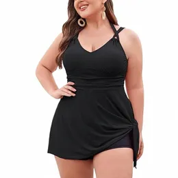 women Plus Size Swimwear Two Piece Black Tankini Swimdr V Neck Halter Floral Asymmetrical Hem Skirted Swimsuits with Boyshort 9402#