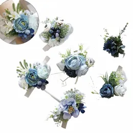silk Roses Wrist Corsage Bracelets Wedding Boutnieres Bridesmaid Groom White Blue Hand Frs Marriage Prom Accories W9zk#