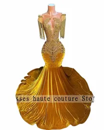 luxury Gold Diamds Mermaid Prom Dres 2024 For Black Girls Crystal Tassles Birthday Party Gowns Rhinestes Evening Dres y3uE#