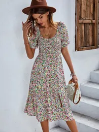 Böhmen Druck Kleid Frauen 2024 Sommer Urlaub Midi Kleid Casual Puff Hülse Hohe Taille Boho Split Kleider Für Frauen Kleidung 240323