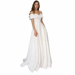 Sodigne Strand Satin Hochzeit Dres aus der Schulter Einfache Brautkleider A-Linie Brautkleider Party Land Robe De Mariee W9ni #