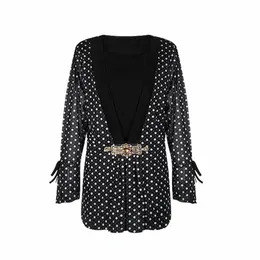 Yitglian Women Autumn Luxury Diamd Flare LG Sleeve Classic Polka Dot Checked Tunic Blouse Plus Size Top Shirts W097 R0xq＃