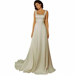 Ramanda 2024 Classic Satin Spaghetti Strap Sleevel Square Neck Simple Brud Gown Sexig Backl Short Train Wedding Dr Q4DJ#