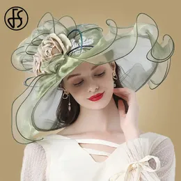 FS Flower Fascynator Women Brim Wedding Church Organza Sun Hat 2023 Eleganckie duże kobiety Fedoras 240311